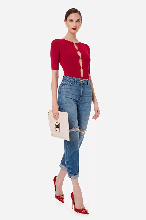 Red crew neck bodysuit with openings