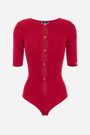 Red crew neck bodysuit with openings