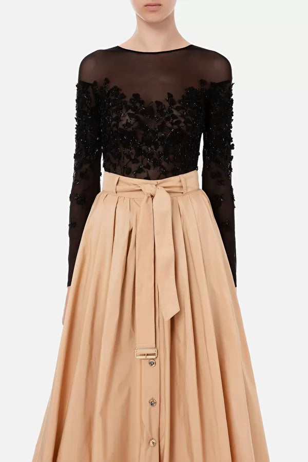 Black tulle bodysuit with embroidery