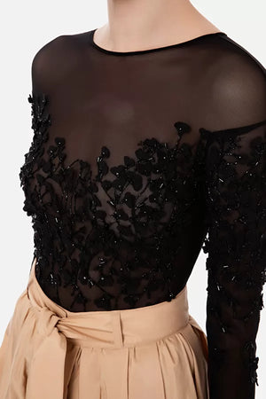 Black tulle bodysuit with embroidery