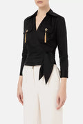 Black cotton crossed shirt with pockets and tassels