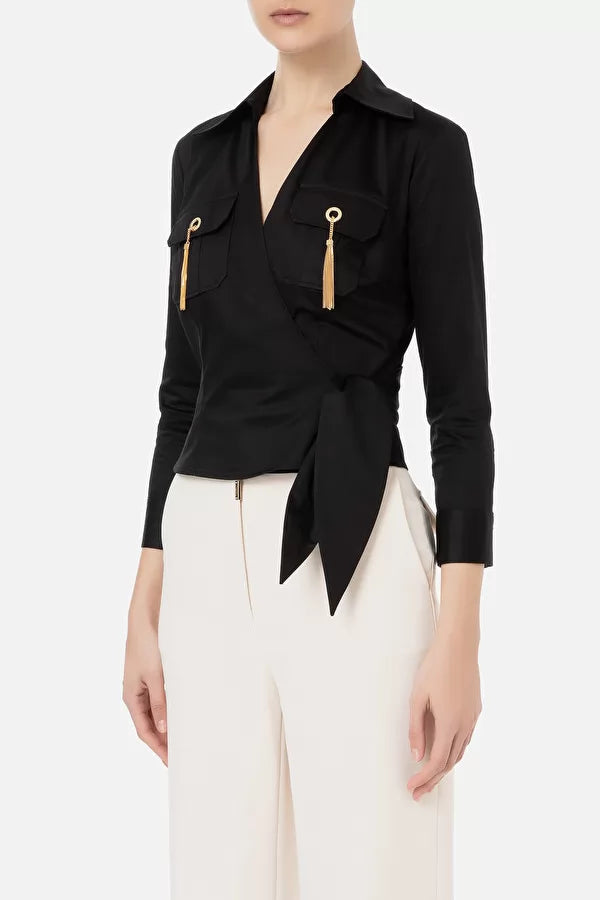 Black cotton crossed shirt with pockets and tassels