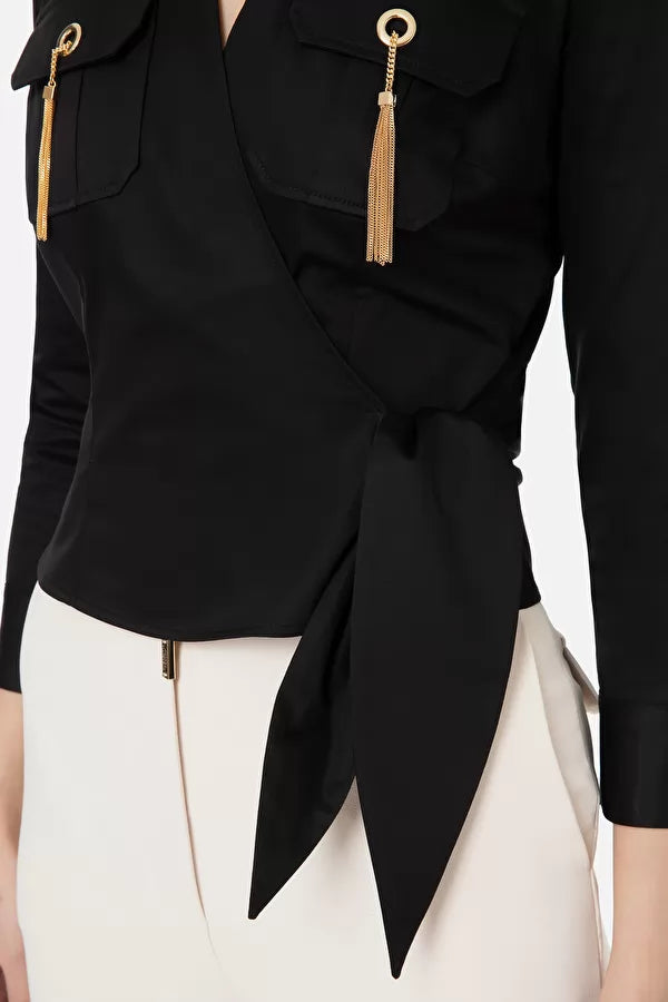 Black cotton crossed shirt with pockets and tassels
