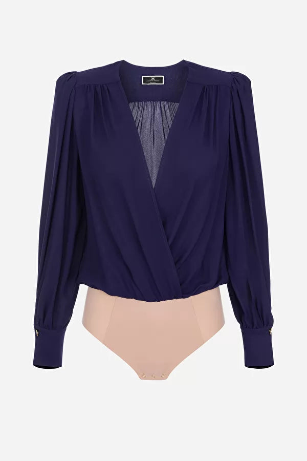 Navy blue draped bodysuit-style blouse in georgette fabric