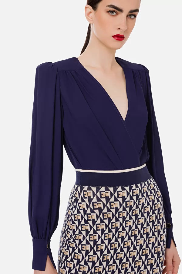 Navy blue draped bodysuit-style blouse in georgette fabric