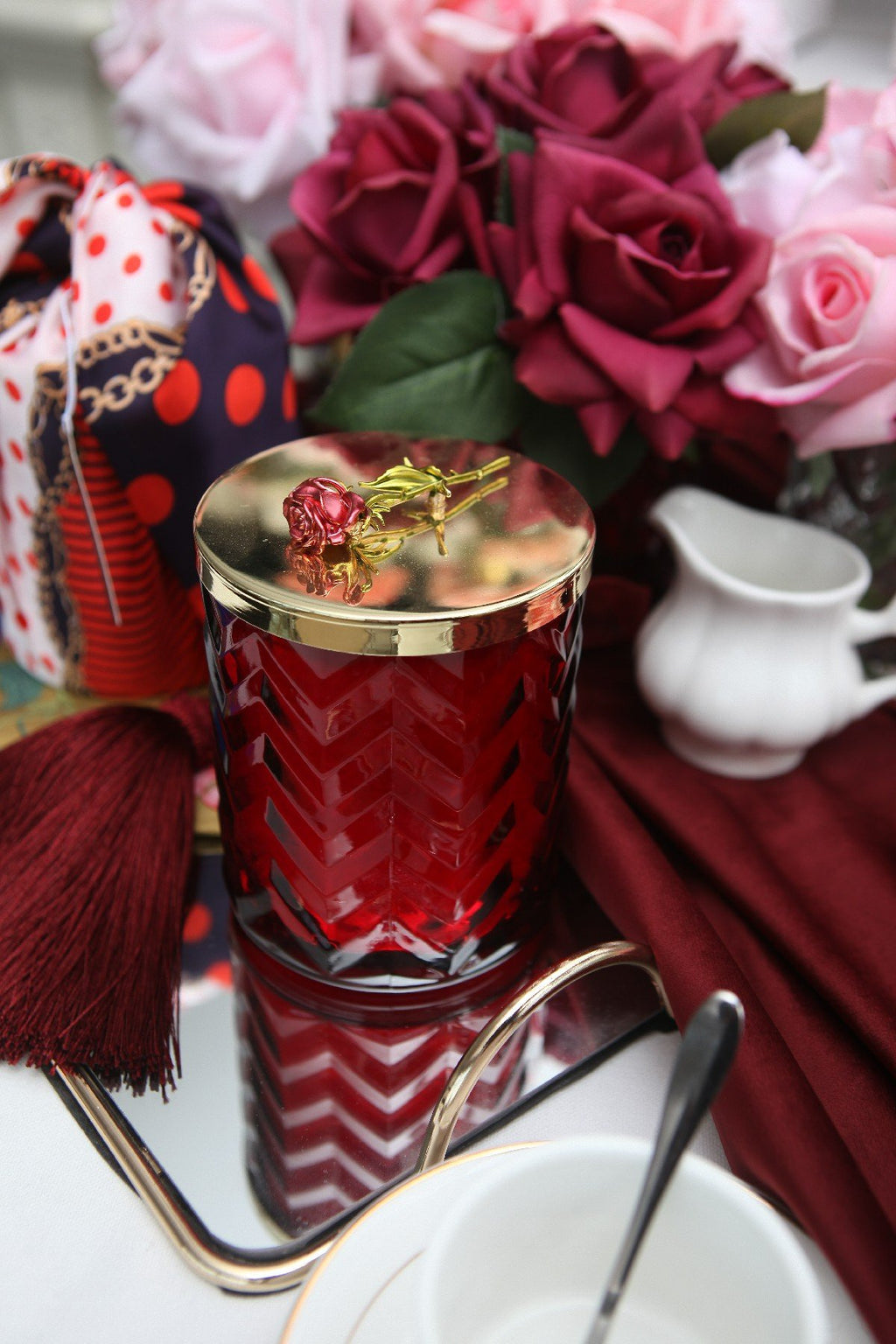Red Herringbone Candle with silk scarf