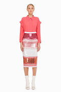 White Pink Embroidered Pencil Skirt
