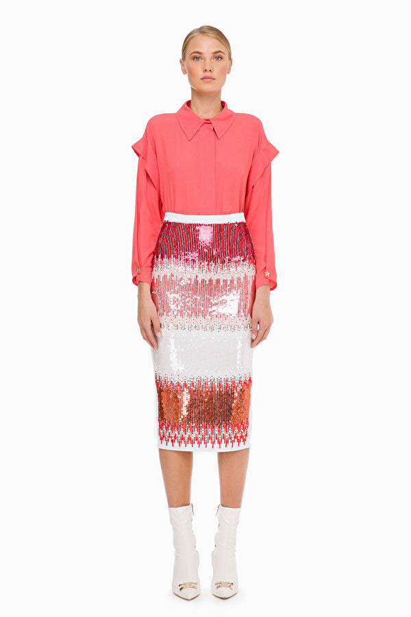 White Pink Embroidered Pencil Skirt