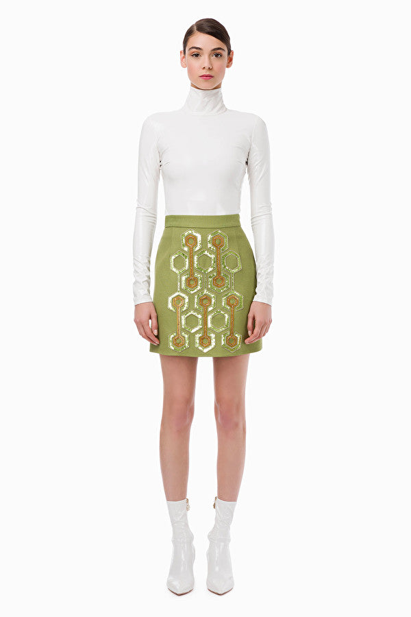 Green Embroidered Mini Skirt