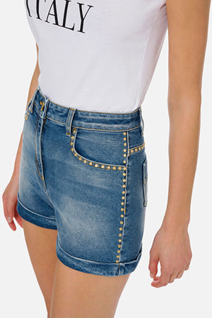 Denim high waisted shorts with mini studs
