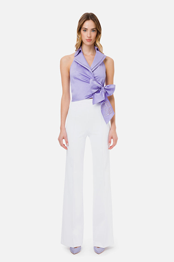 Lilac wrap-around Halter cotton poplin Top with embroidered bow