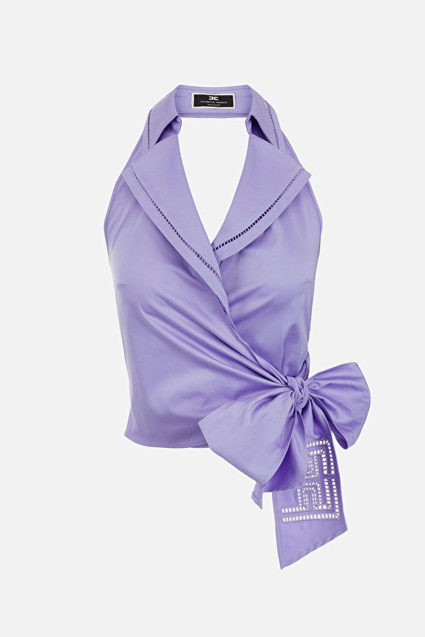 Lilac wrap-around Halter cotton poplin Top with embroidered bow