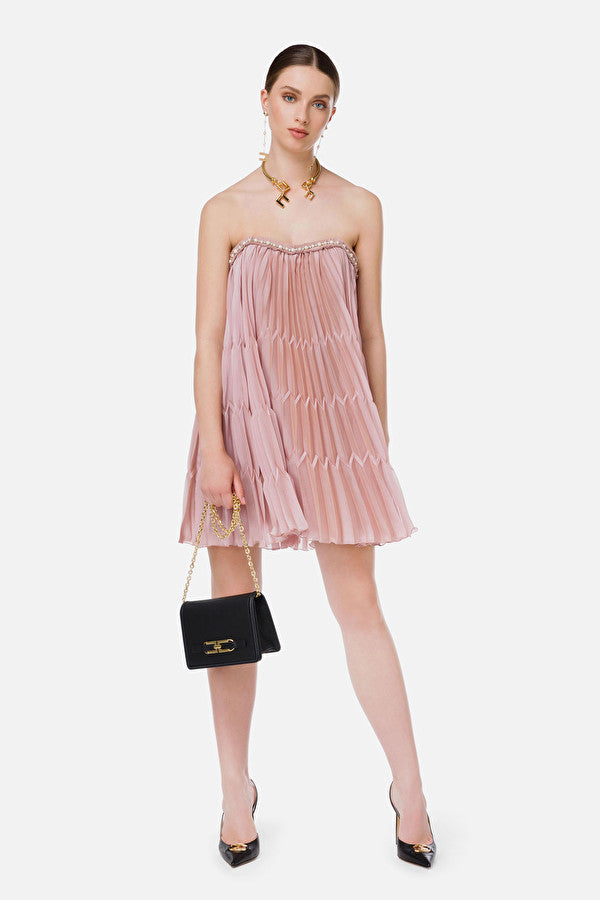 Mauve pleated mini dress in voile fabric with pearls