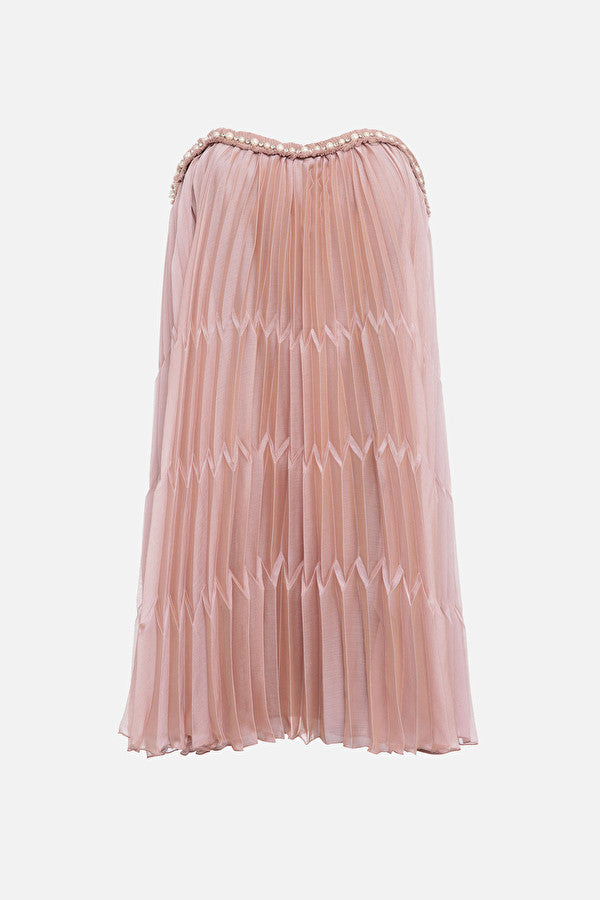 Mauve pleated mini dress in voile fabric with pearls