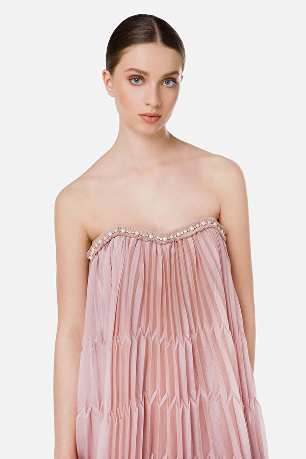 Mauve pleated mini dress in voile fabric with pearls