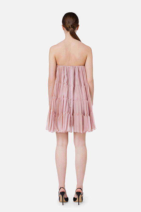 Mauve pleated mini dress in voile fabric with pearls