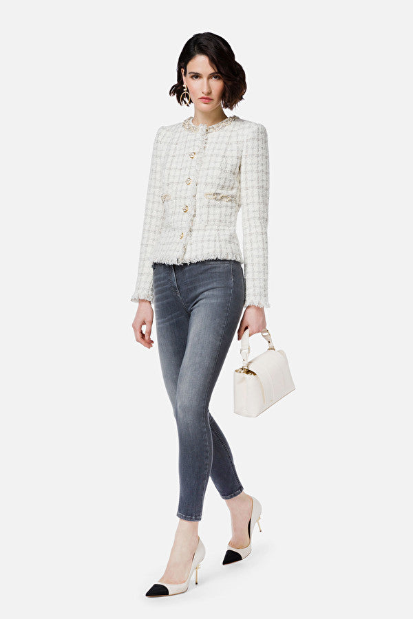 White check motive tweed jacket with pearls