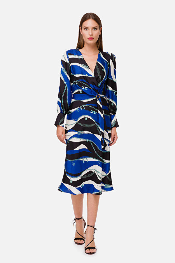 Cobalt Blue Print Silk Dress with Sleeves