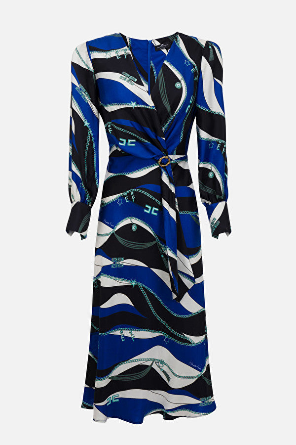 Cobalt Blue Print Silk Dress with Sleeves