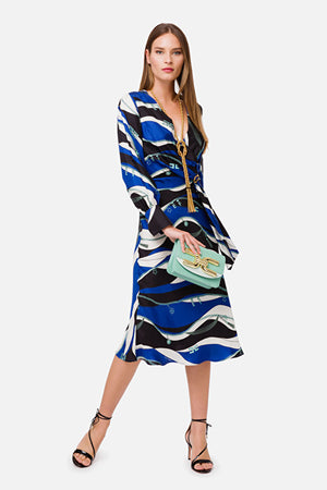 Cobalt Blue Print Silk Dress with Sleeves
