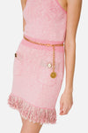 Pink Knit Dress with Fringes and Chain Belt