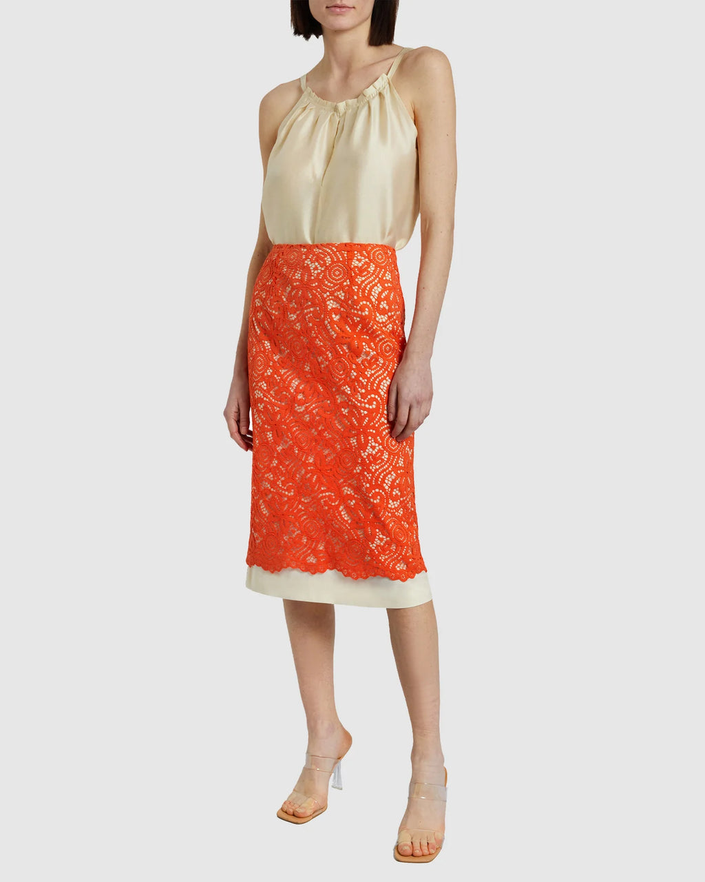 Orange lace pencil skirt