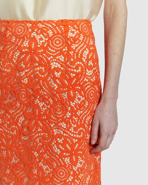 Orange lace pencil skirt