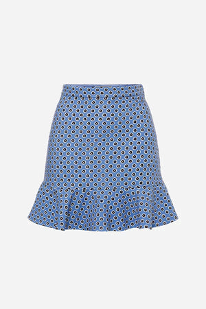 Periwinkle flared mini skirt with flower polka dots