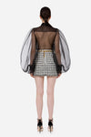 White black hounds tooth mini tweed skirt with micro bag