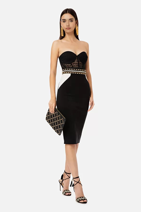 Black white pencil skirt with embroidered band