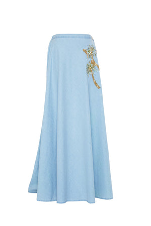 Blue denim cotton wrap maxi skirt with palm embroidery