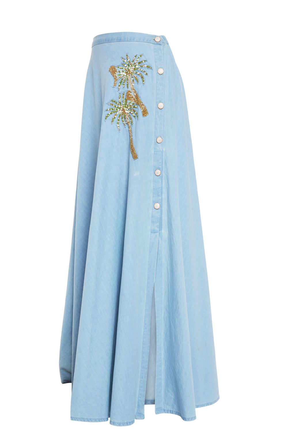 Blue denim cotton wrap maxi skirt with palm embroidery