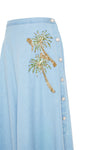 Blue denim cotton wrap maxi skirt with palm embroidery