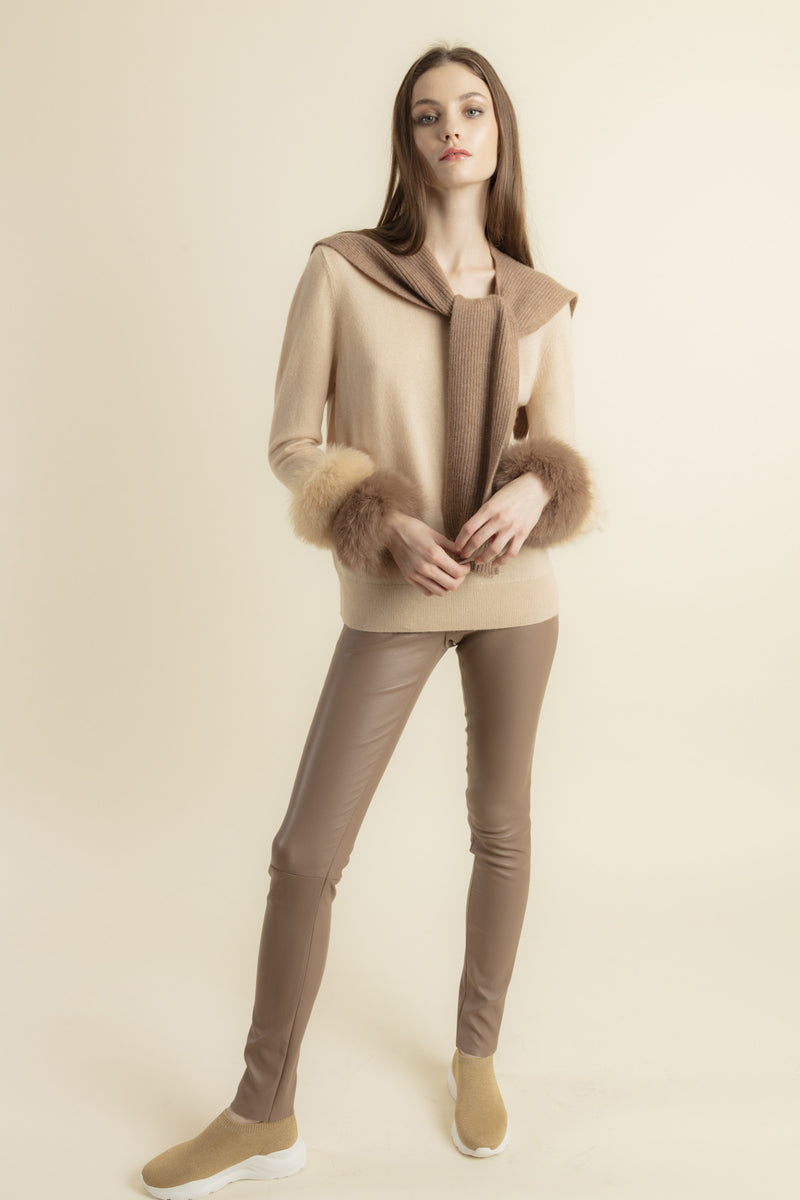 Grey Round Neck Pullover with Fur Pary