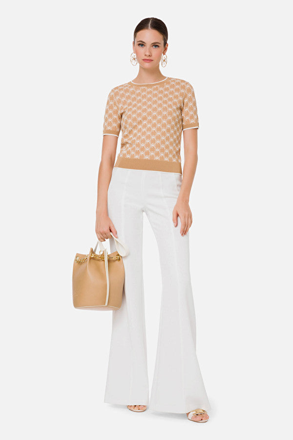 Camel Tricot knitted top with short sleeves