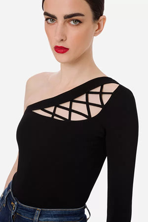 Black one-shoulder top with crossover detail