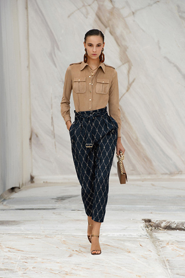 Denim diamond print jacquard trousers