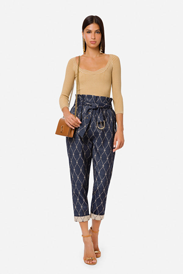 Denim diamond print jacquard trousers