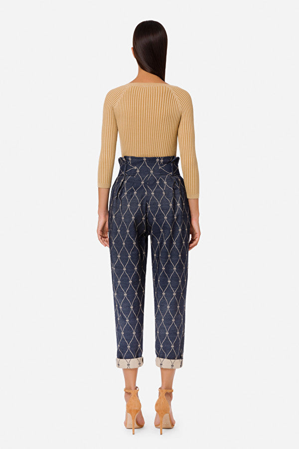 Denim diamond print jacquard trousers