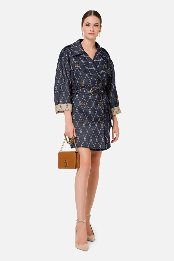 Double-breasted trench coat with diamond pattern