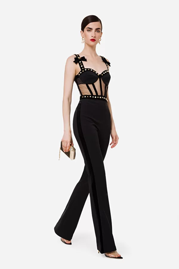 Black jumpsuit with embroidered tulle bodice