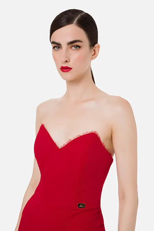Red jumpsuit with frayed diamond neckline