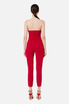 Red jumpsuit with frayed diamond neckline