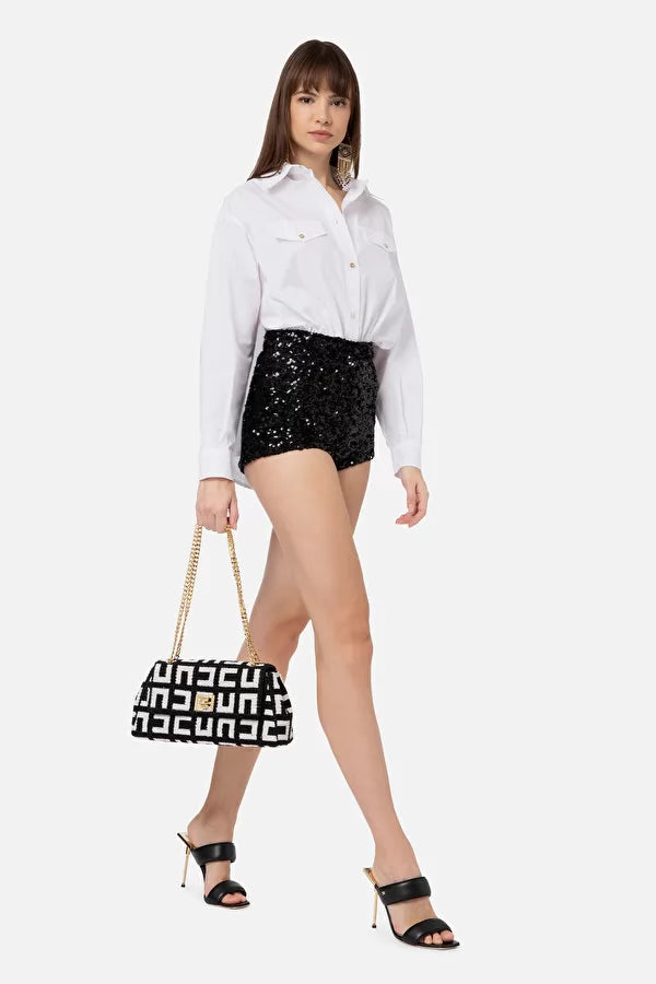 White black short jumpsuit with sequin