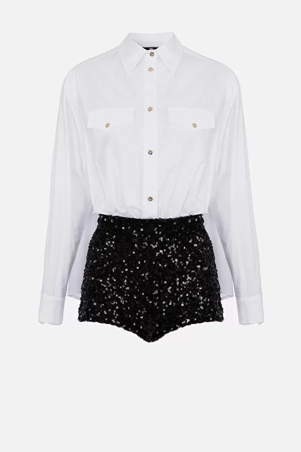 White black short jumpsuit with sequin