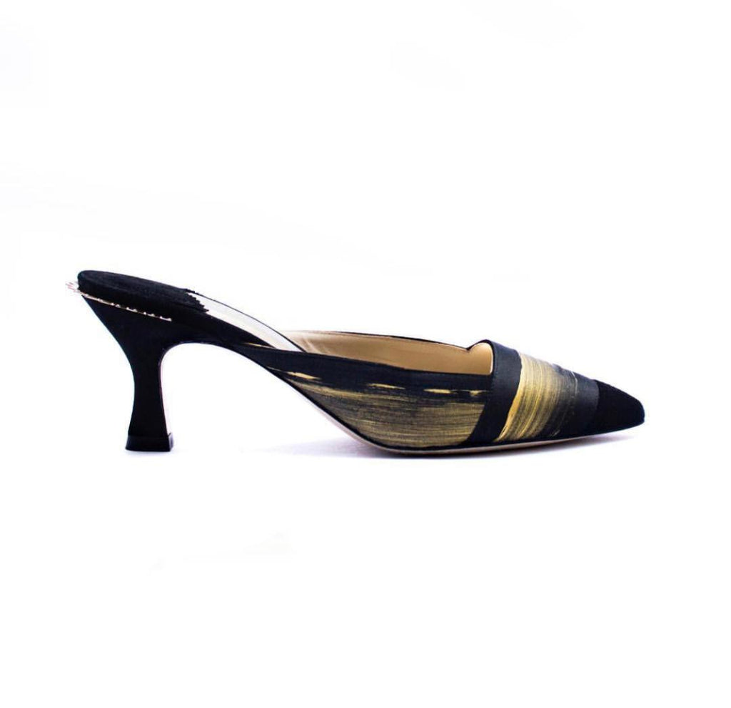 Black Suede Silk Paint Crown Mules