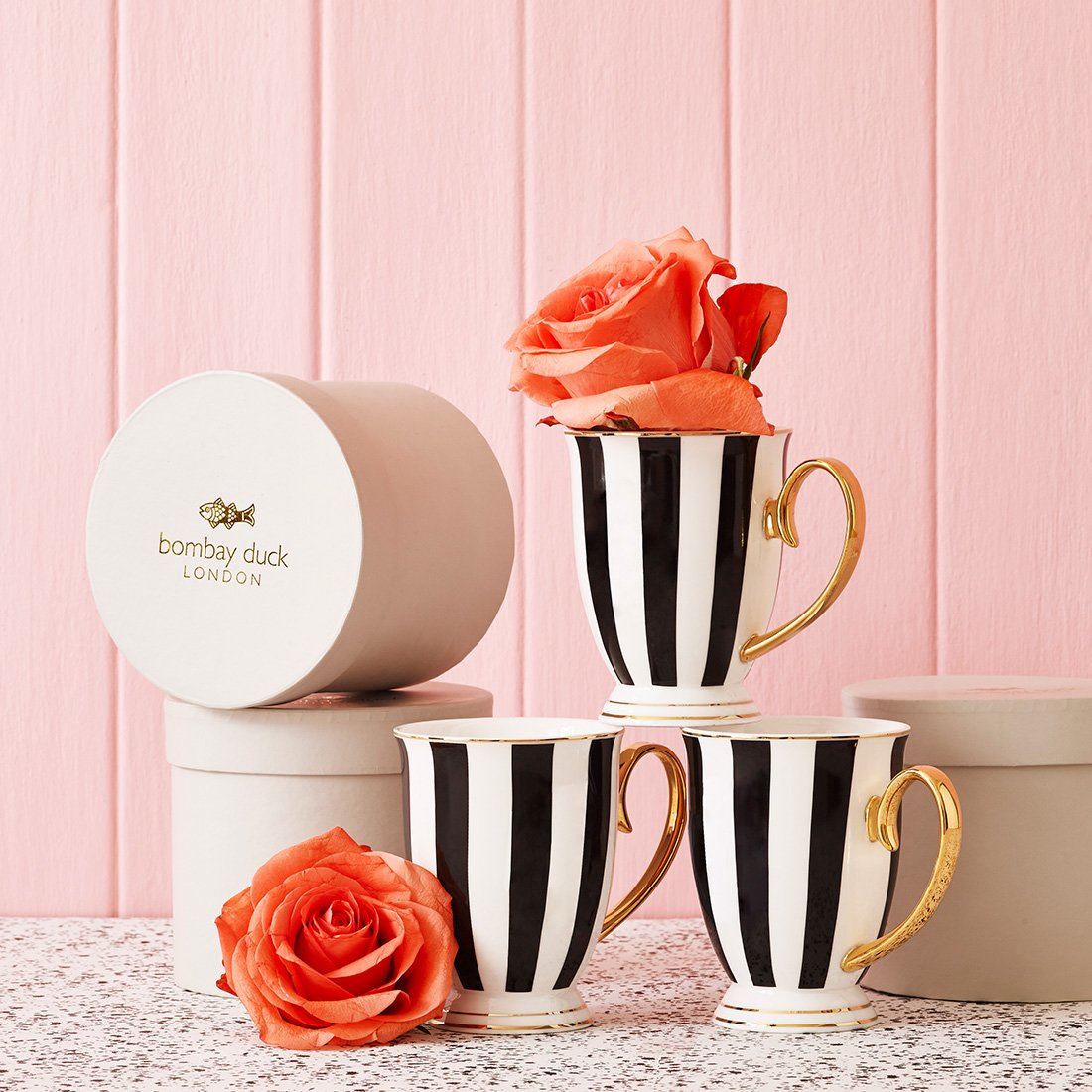 Bombay Duck Stripy Black White and Gold Mini Tea Cup and Saucer