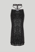 Black soft sequin pencil skirt with lacing detail