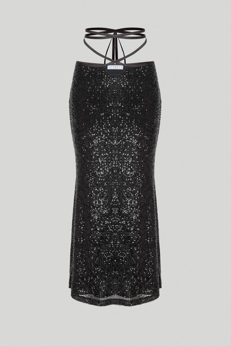 Black soft sequin pencil skirt with lacing detail