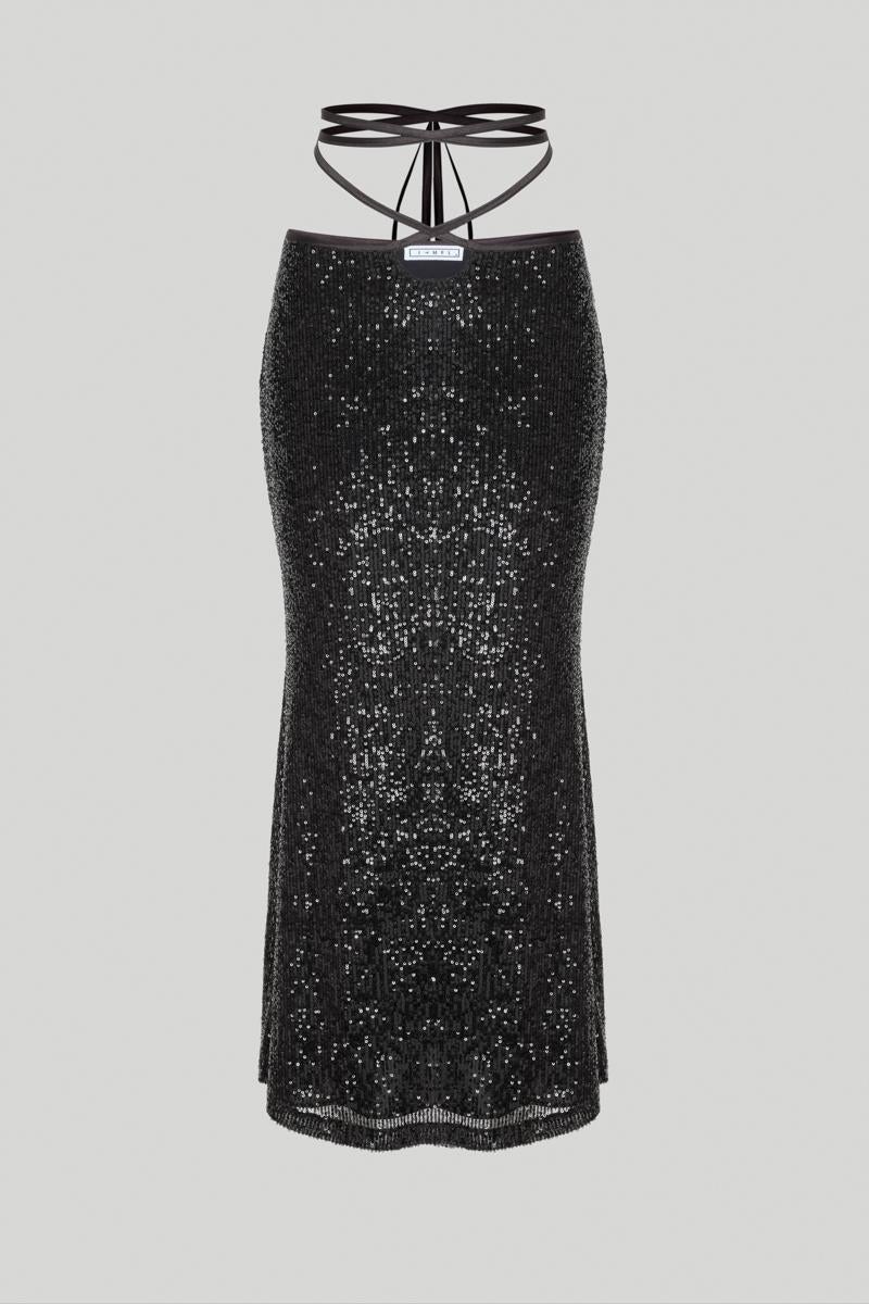 Black soft sequin pencil skirt with lacing detail